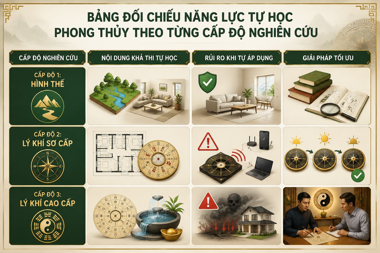 Bảng đối chiếu khả năng tự học phong thủy theo từng cấp độ và rủi ro thực tế. cap-do-tu-hoc-phong-thuy