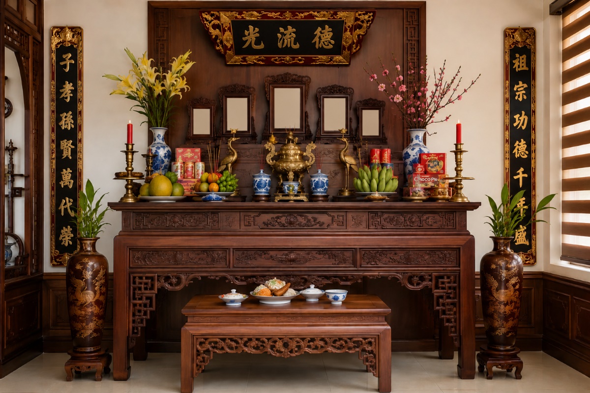 Không gian bàn thờ gia tiên hài hòa phong thủy